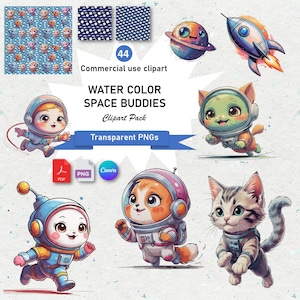 Watercolor Space Clipart Bundle | PNG Collection with Rockets, Planets, Astronauts, Stars | Outer Space Digital Art for Kids, Nursery