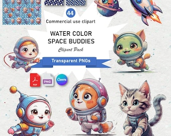 Pacchetto di clipart spaziali ad acquerello: razzi, pianeti, astronauti (download digitale)