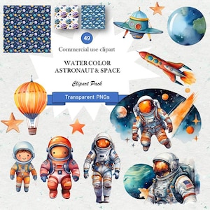 Clipart de acuarela de astronauta y espacio – Paquete PNG / Fondo transparente / 300 DPI / Colección de imágenes del espacio exterior, cohetes y planetas