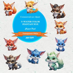 Puede incluir: Una colección de nueve imágenes prediseñadas de zorros de fantasía en acuarela en varios colores, incluyendo naranja, azul y verde. La imagen incluye el texto "Commercial use clipart", "9-WATER COLOR FFANTASY FOX", "Clipart Pack", "Transparent PNGs" y "300 DPI".