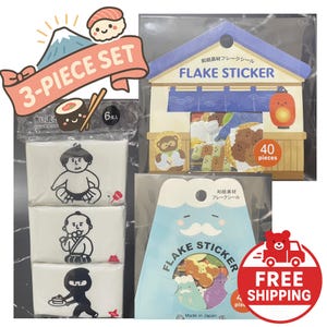 Set regalo di adesivi kawaii giapponesi + mini fazzoletti | Design Ninja e Sumo | Adesivi Flake in stile Washi, realizzati in Giappone, simpatici GIF giapponesi