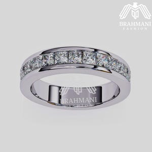 Princess Cut Moissanite Eternity Band: Sterling Silver Channel Set Wedding Ring