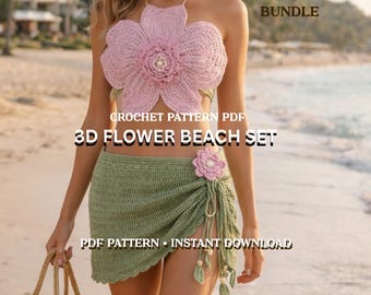 Luxury Crochet Beach Outfit Pattern, 3D Flower Crop Top & Wrap Skirt PDF, Feminine Resort Wear Crochet Set
