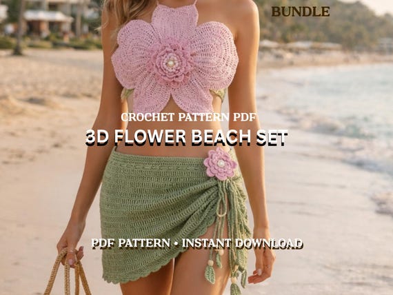Luxury Crochet Beach Outfit Pattern, 3D Flower Crop Top & Wrap Skirt PDF, Feminine Resort Wear Crochet Set
