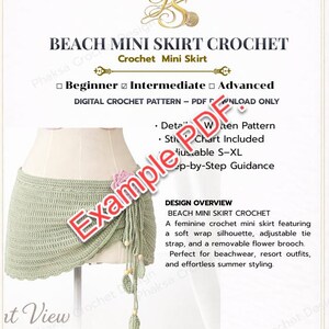 May include: A digital crochet pattern for a Beach Mini Skirt. The image shows a light green crochet mini skirt with a wrap silhouette, adjustable tie strap, and a removable flower brooch. The pattern is for intermediate skill level.