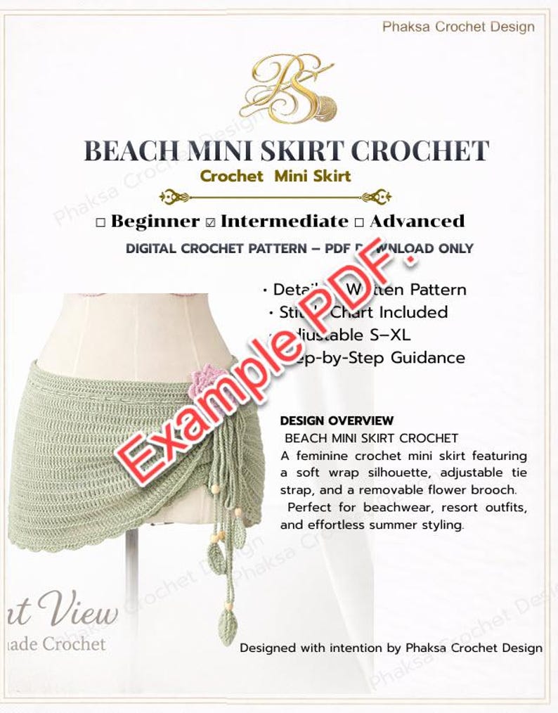 May include: A digital crochet pattern for a Beach Mini Skirt. The image shows a light green crochet mini skirt with a wrap silhouette, adjustable tie strap, and a removable flower brooch. The pattern is for intermediate skill level.