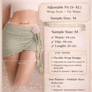May include: Size guide for a crochet mini skirt. The skirt is a wrap style with an adjustable tie waist. The sample size is medium, with a waist of 44 cm, a hip of 48 cm, and a length of 20 cm.
