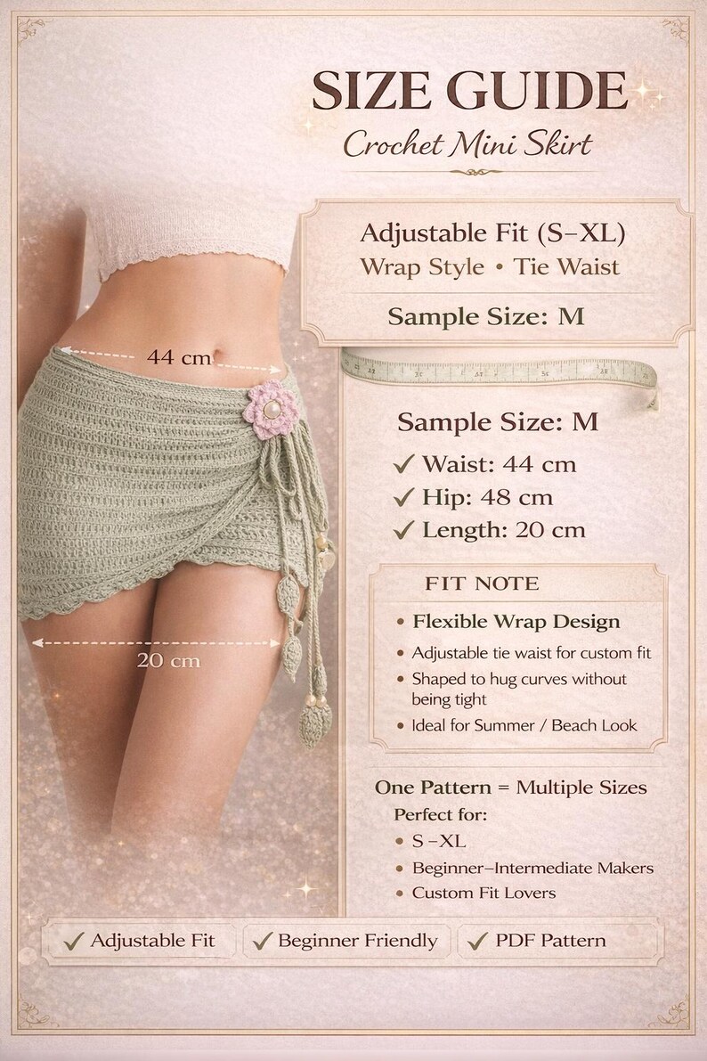 May include: Size guide for a crochet mini skirt. The skirt is a wrap style with an adjustable tie waist. The sample size is medium, with a waist of 44 cm, a hip of 48 cm, and a length of 20 cm.