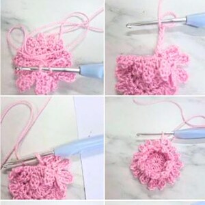 May include: Step-by-step guide showing how to crochet a pink flower. The images show the process, starting with a small circle and progressing to a fully formed flower. A blue crochet hook is used throughout the process.