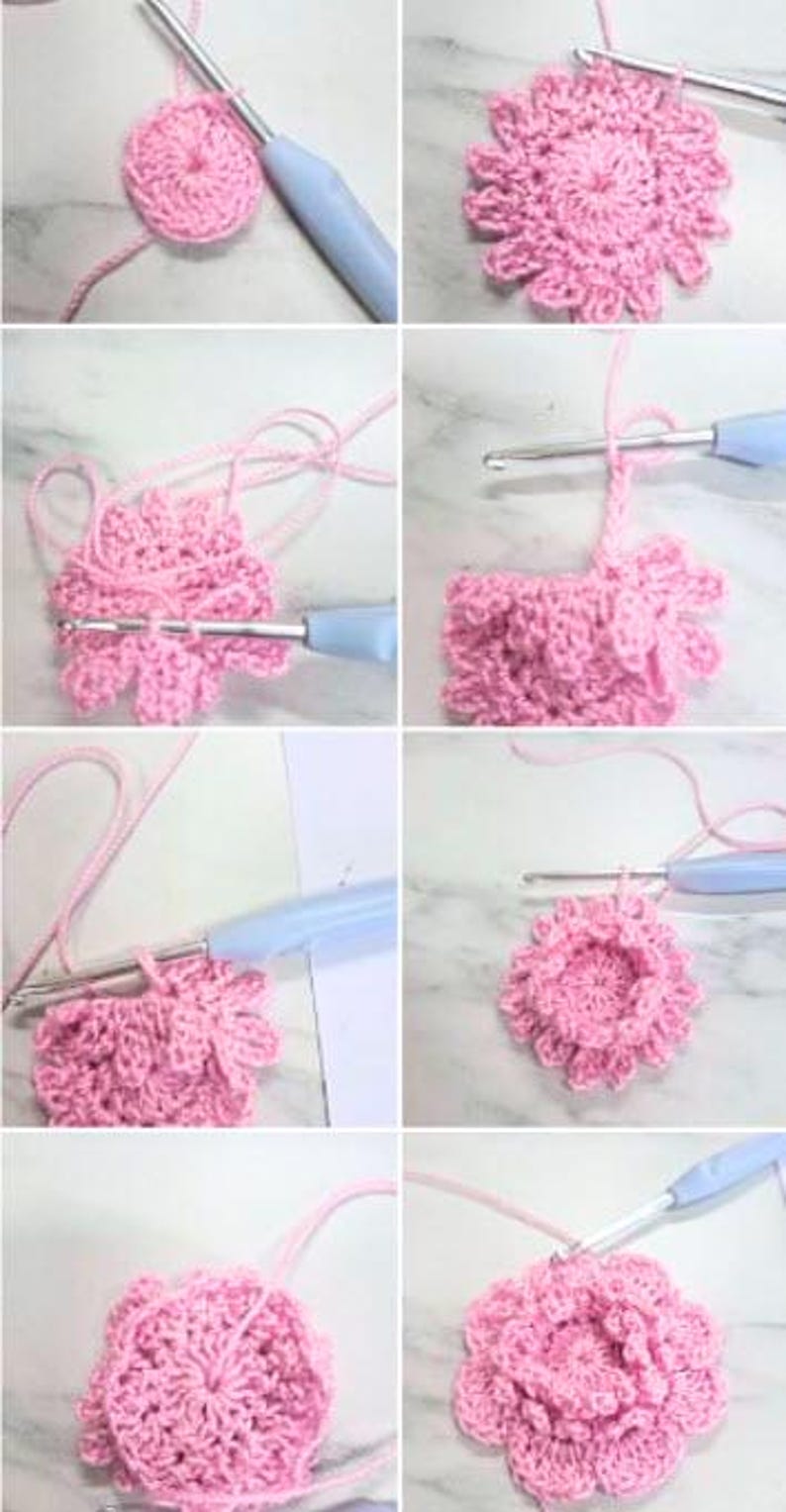 May include: Step-by-step guide showing how to crochet a pink flower. The images show the process, starting with a small circle and progressing to a fully formed flower. A blue crochet hook is used throughout the process.