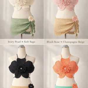 May include: Four crochet bikini sets in ivory, pink, black, and coral. Each set includes a halter top shaped like a flower and a sarong. The sets are displayed on mannequins. The color combinations are Ivory Pearl x Soft Sage, Blush Rose x Champagne Beige, Black Onyx x Gold Sand, and Coral Sunset x Ocean Mint.