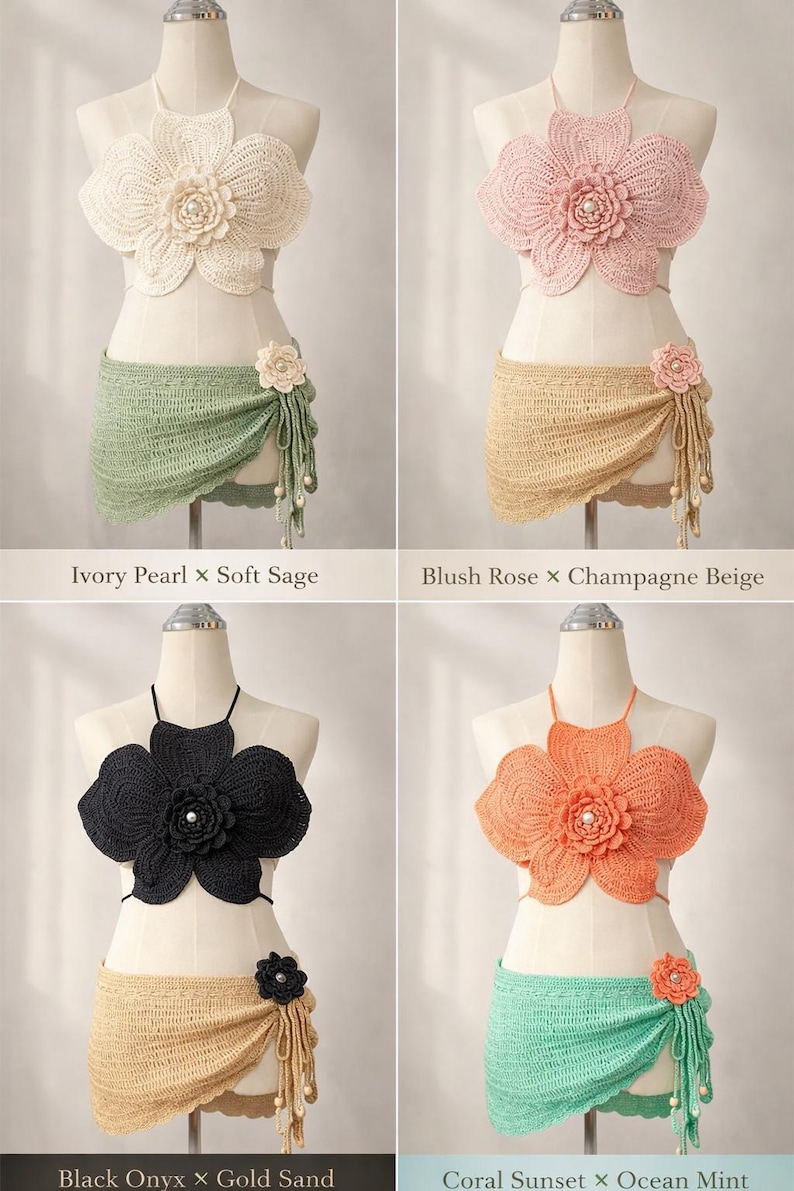May include: Four crochet bikini sets in ivory, pink, black, and coral. Each set includes a halter top shaped like a flower and a sarong. The sets are displayed on mannequins. The color combinations are Ivory Pearl x Soft Sage, Blush Rose x Champagne Beige, Black Onyx x Gold Sand, and Coral Sunset x Ocean Mint.