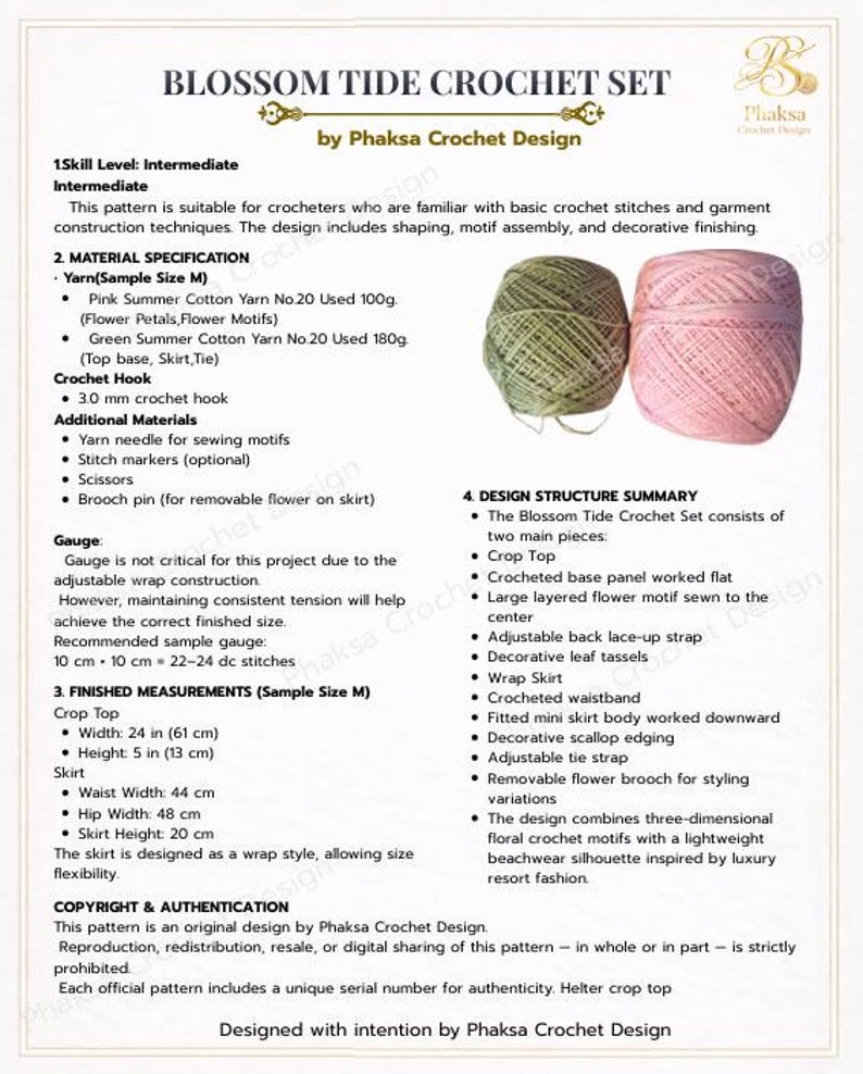 May include: A crochet pattern for a Blossom Tide set, including a crop top and wrap skirt. The pattern features a three-dimensional floral design. The crop top is 24 inches wide and 5 inches high. The skirt has a waist width of 44 cm and a hip width of 48 cm.