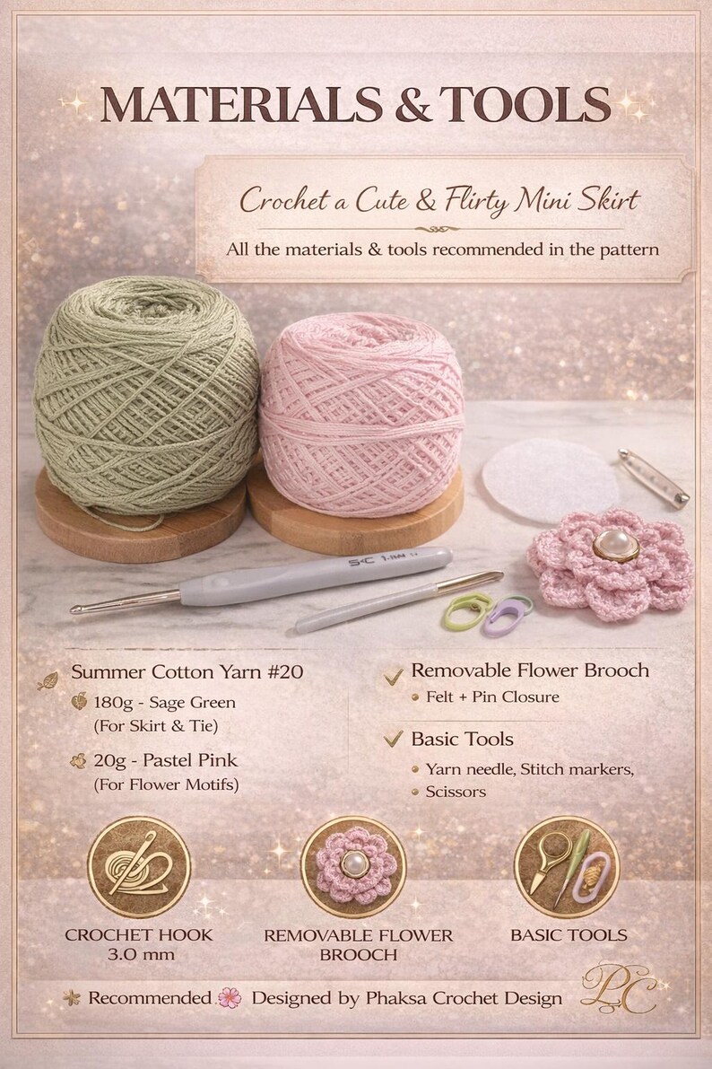 May include: Image of crochet supplies for a mini skirt project. Includes sage green and pastel pink yarn, a crochet hook, a removable flower brooch, and basic tools. Text reads "Materials & Tools" and "Crochet a Cute & Flirty Mini Skirt."