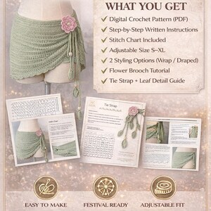 May include: Digital crochet pattern for a wrap skirt. The image shows a light green crocheted skirt on a mannequin, with a pink flower accent. The pattern includes step-by-step instructions, a stitch chart, and adjustable sizing.