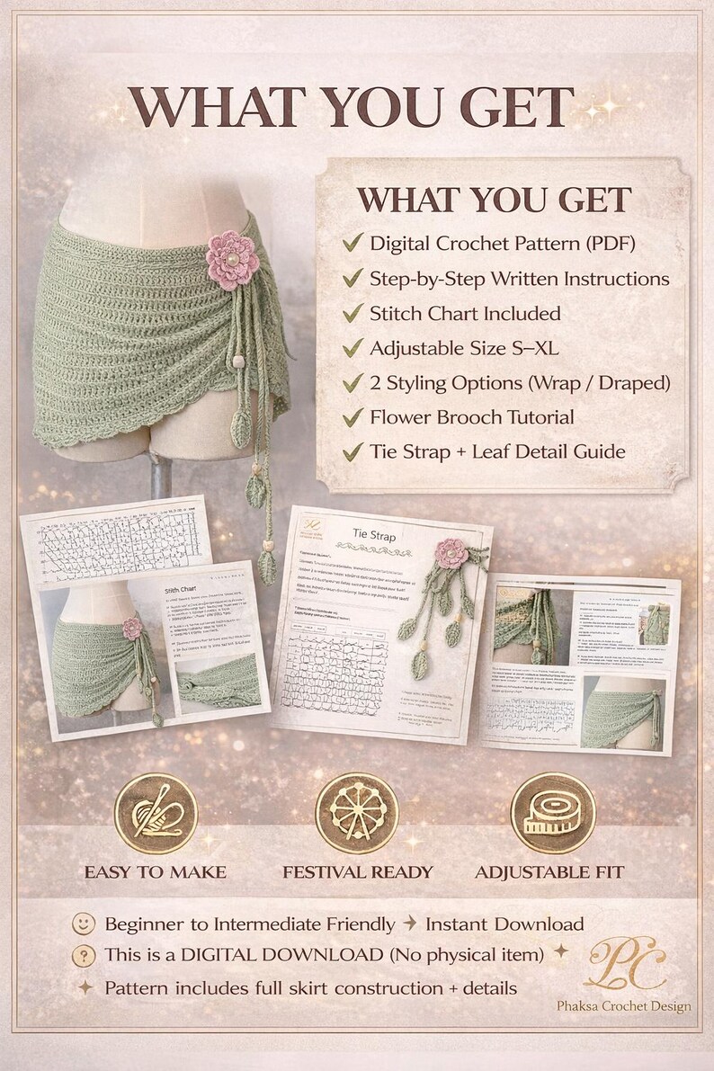 May include: Digital crochet pattern for a wrap skirt. The image shows a light green crocheted skirt on a mannequin, with a pink flower accent. The pattern includes step-by-step instructions, a stitch chart, and adjustable sizing.