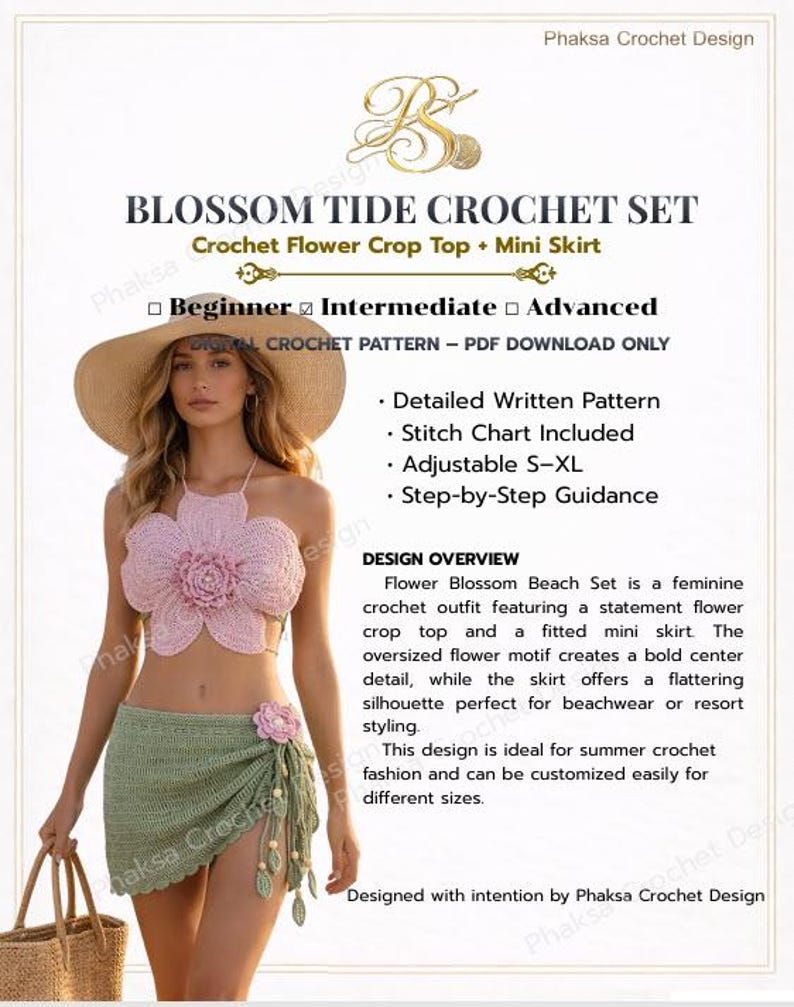 May include: A crochet pattern for a Blossom Tide set, including a flower crop top and mini skirt. The design is for intermediate skill levels and is available in sizes S-XL. The set is a feminine crochet outfit.