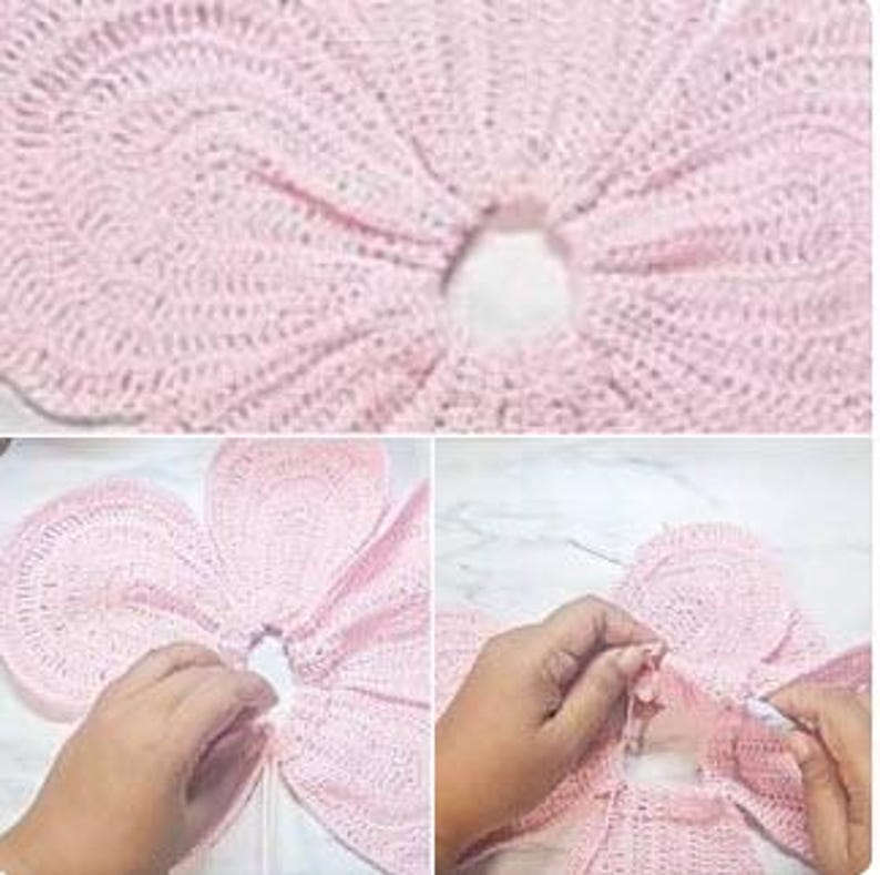 May include: Close-up and medium shots of a light pink crocheted flower. The flower has a circular center and petal-like sections. Hands are shown manipulating the crochet work, with a needle and thread visible.