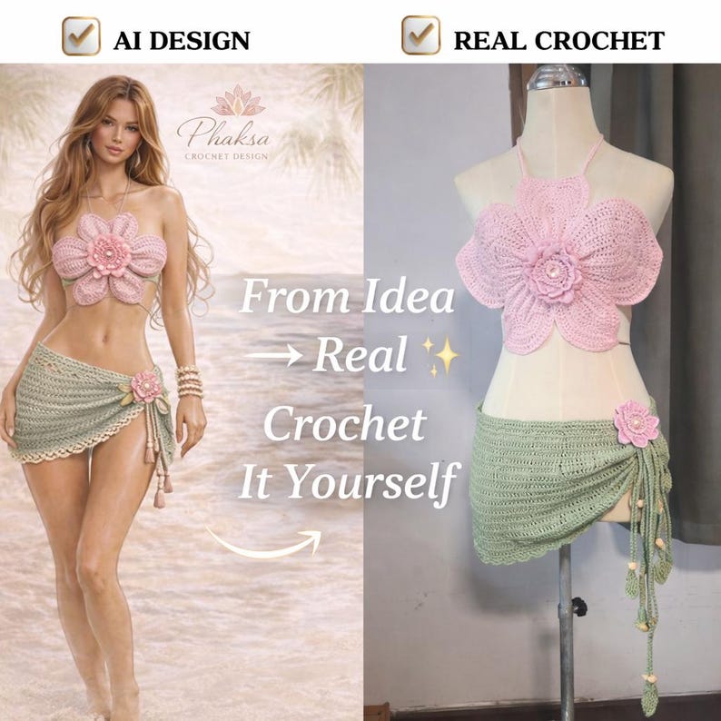 May include: A crochet bikini set featuring a pink flower-shaped top and a sage green skirt. The set is displayed on a mannequin and in an AI-generated design. The text "From Idea to Real Crochet It Yourself" is also visible.