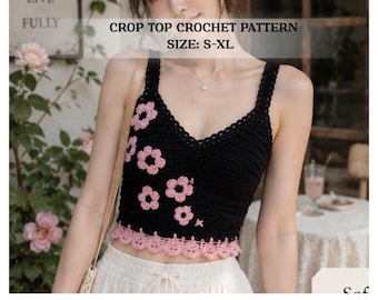 Midnight Blossom Crochet Crop Top Pattern | Floral Bustier Bralette PDF (S-XL)