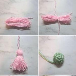 May include: A series of images demonstrating the steps to create a tassel and a crocheted bead. The tassel is made with pink yarn, and the bead is green. The steps show the yarn being wrapped, tied, and shaped into the final product.
