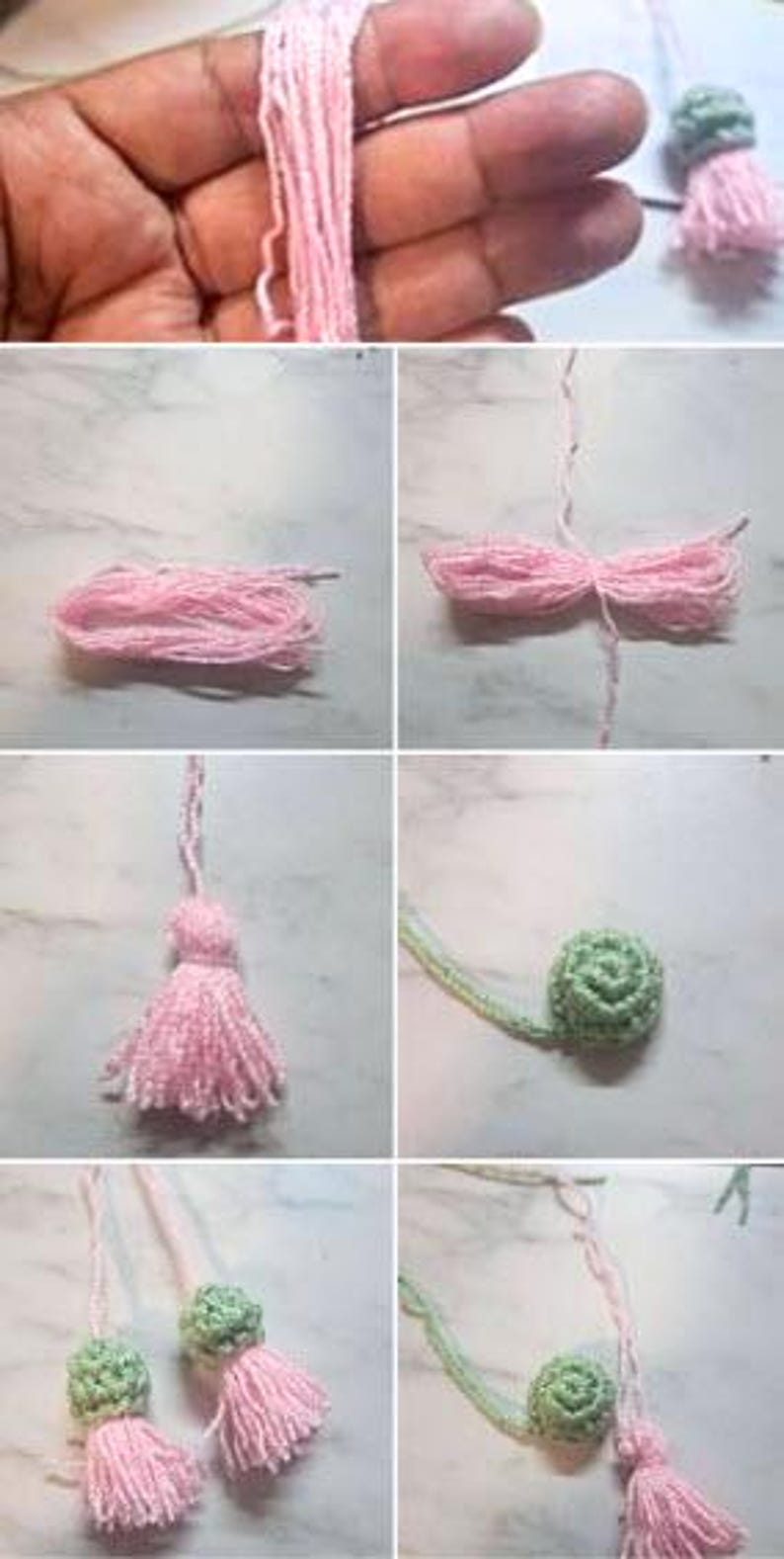 May include: A series of images demonstrating the steps to create a tassel and a crocheted bead. The tassel is made with pink yarn, and the bead is green. The steps show the yarn being wrapped, tied, and shaped into the final product.