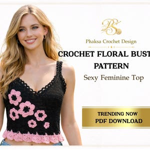 Crochet Crop Top Pattern PDF – Floral Bustier Bralette for Women – Midnight Blossom S–XL