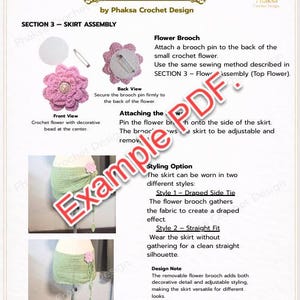 May include: A crochet pattern for a beach mini skirt by Phaksa Crochet Design. The instructions include diagrams for skirt assembly, a flower brooch, and styling options. The skirt can be worn in two styles: Draped Side Tie or Straight Fit.