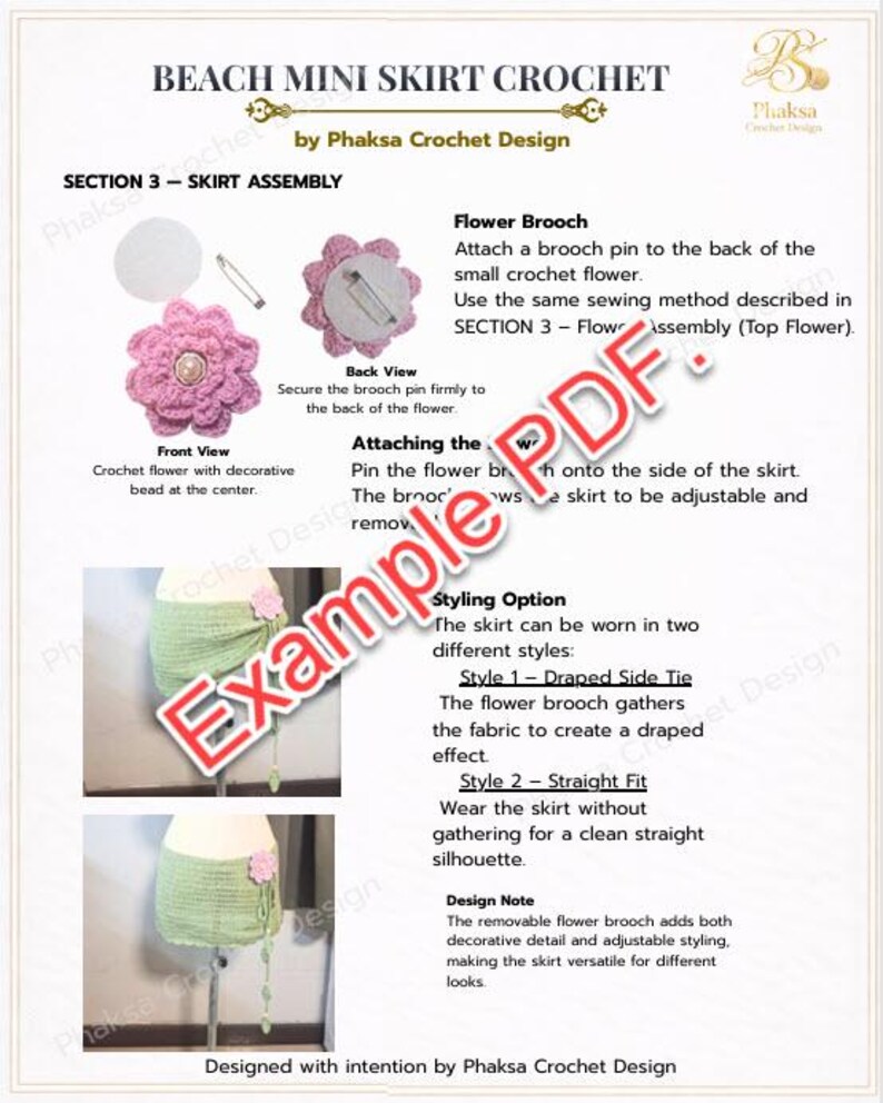 May include: A crochet pattern for a beach mini skirt by Phaksa Crochet Design. The instructions include diagrams for skirt assembly, a flower brooch, and styling options. The skirt can be worn in two styles: Draped Side Tie or Straight Fit.