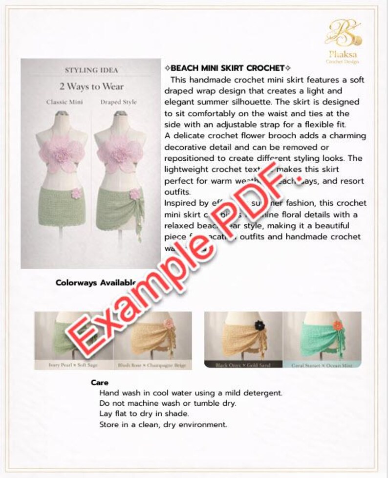 May include: Handmade crochet mini skirt with a draped wrap design. Features a delicate crochet flower brooch and adjustable strap. Available in Ivory Pearl, Blush Rose, Black Onyx, and Coral Sunset colors. Perfect for beach and resort outfits.