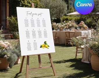May include: A white sign on a wooden easel with the text "Find your seat" in black script. The sign lists names under numbers 1-10, with a lemon illustration. The background shows a garden setting with a table and flowers.