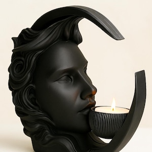 Moon Face Candle Holder – Crescent Moon Tealight Holder, Celestial Home Decor, Mystical Goddess Sculpture, Meditation Candle Stand”