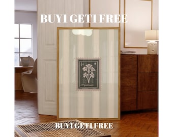 Impresión de sello floral vintage: Arte mural retro de rayas verdes (descarga digital)