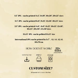 Puede incluir: Gr&aacute;fico beige con texto que detalla los tama&ntilde;os de impresi&oacute;n para archivos de arte digital. Los tama&ntilde;os incluyen 10x13cm, 20x25cm, 40x50cm y 50x63cm para JPG 4:5", y 15x20cm, 23x30cm, 30x40cm y 45x60cm para JPG 3:4".