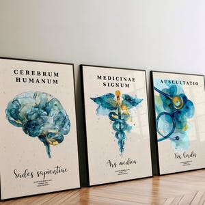 Puede incluir: Tres impresiones art&iacute;sticas m&eacute;dicas enmarcadas. La primera presenta una ilustraci&oacute;n de cerebro en acuarela, la segunda un caduceo y la tercera un estetoscopio. Cada impresi&oacute;n tiene un fondo beige y un marco negro, con texto en lat&iacute;n.
