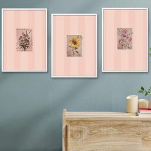 Conjunto de três, impressão de carimbo floral vintage para download, floral mínimo com listras, arte digital elegante, decoração de parede moderna, jardim inglês