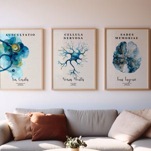 Puede incluir: Tres impresiones art&iacute;sticas enmarcadas con temas m&eacute;dicos. Las impresiones presentan ilustraciones en acuarela de un estetoscopio, una neurona y un cerebro. Cada impresi&oacute;n tiene texto en lat&iacute;n en la parte superior e inferior. Los marcos son de madera clara, sobre un sof&aacute;.