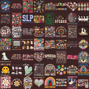 Könnte beinhalten: Eine Sammlung farbenfroher Grafikdesigns mit Text zum Thema Sprachtherapie. Designs enthalten Sätze wie "Speech Therapy", "SLP" und verschiedene Illustrationen wie Dinosaurier, Regenbogen und Blumen. Die Designs befinden sich auf einem dunklen Hintergrund.