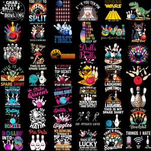 Pode incluir: Uma coleção de designs gráficos com tema de boliche em um fundo preto. Os designs apresentam bolas de boliche, pinos e texto humorístico como "Spare Wars" e "Too Legit to Split". As cores incluem vermelho, azul e branco.