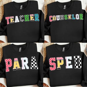 Retro School Occupation PNG Bundle, Back to School Teacher Sped Para Counselor, Preppy First Day of School Checkered Girly Png, Drawn