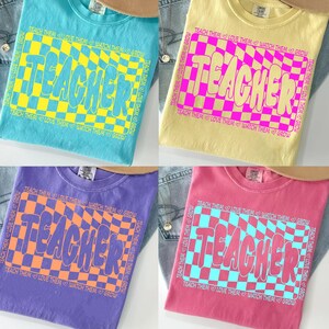 Retro Neon Teacher Png Bundle, Colorful Checkered Teacher Sublimation, Back To School Png, Groovy Love Them Teach Them Watch Them Grow Png