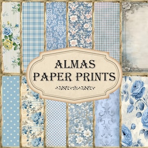 Blaue Digitale Papiere Shabby Chic Blumen Download Junk Journal Prints Vintage Paper Pack Decoupage A4 8.5x11 PPV0005
