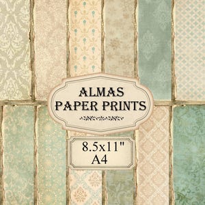 Green Beige Damask Pattern Digital Papers Printable Download Vintage Junk Journal Old Paper Pack 8.5x11 PPV0008