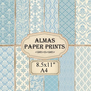 Light Blue Damask Digital Papers Printable Download Shabby Junk Journal Prints French Blue Paper Pack 8.5x11 PPV0013
