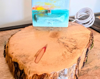 Ocean Painted USB-C Phone Charging Dock | Handcrafted Wood Stand on Natural Log Base