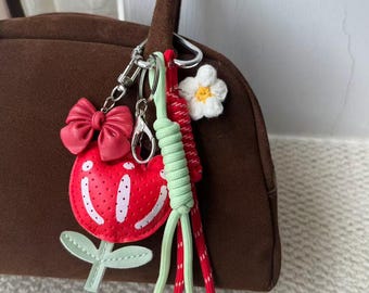 PU Leather Tulip Flower Charm Small Bow Bag Charm Keychain