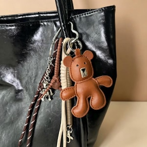 Brown Leather Bear & Alloy Bear - Movable Limbs, Bag Charm, Keychain, Fashion Accessory