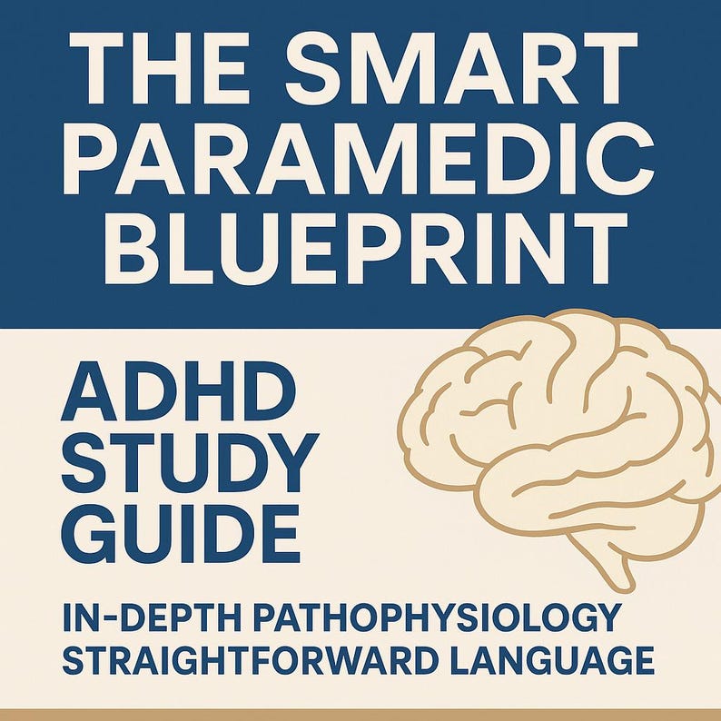Peut inclure: Graphique avec le texte "THE SMART PARAMEDIC BLUEPRINT" et "ADHD STUDY GUIDE". En dessous du texte se trouve "IN-DEPTH PATHOPHYSIOLOGY STRAIGHTFORWARD LANGUAGE". Une illustration d'un cerveau brun clair est sur le c&ocirc;t&eacute; droit du graphique.