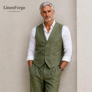 Puede incluir: Un traje de tres piezas verde oliva, que consta de chaleco y pantalón, combinado con una camisa blanca. El traje está hecho de una tela texturizada. El modelo lleva mocasines de cuero negro. La marca "LinenForge" es visible en la esquina superior izquierda.
