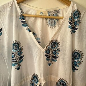 Hand Block Printed Cotton Kaftan | Blue Floral Lounge Wear | Boho Kimono Dress | Comfortable Summer Nightwear | Free Size